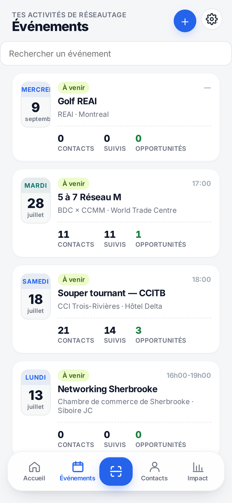 L'application NetKine : la liste des événements de réseautage, chacun avec ses contacts, ses suivis et ses opportunités